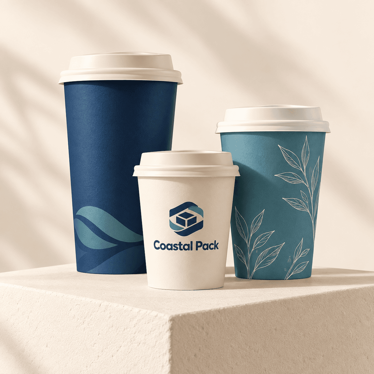 Design concept: navy, teal botanical and cream Coastal Pack paper cups